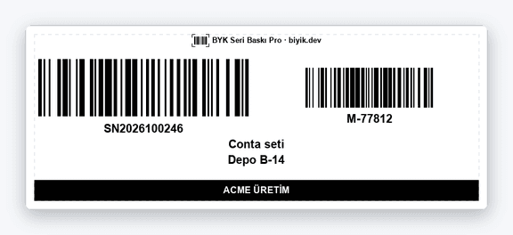 100×40 mm dar etiket örneği: iki barkod yan yana, ortada metin, altta siyah bantlı firma adı