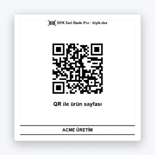60×60 mm QR kodlu etiket örneği: ortada QR kod, altında açıklama ve çizgili firma adı
